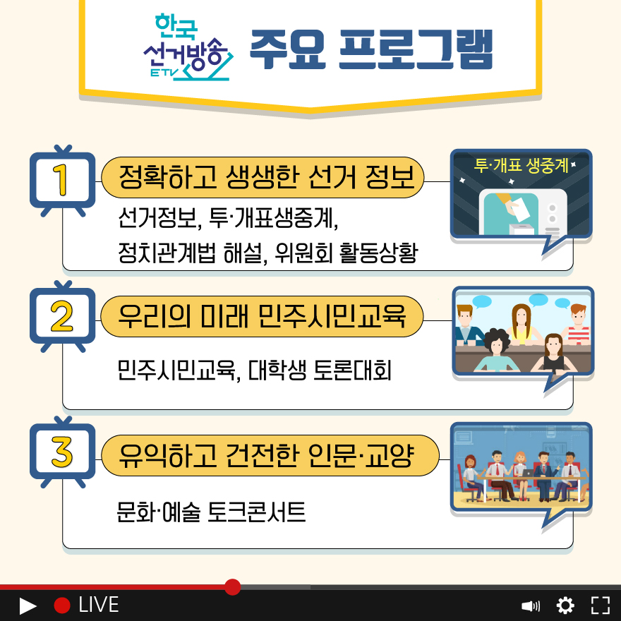 한국선거방송 주요 프로그램 - 자세한 이미지 설명은 본문의 내용을 참고하시기 바랍니다.