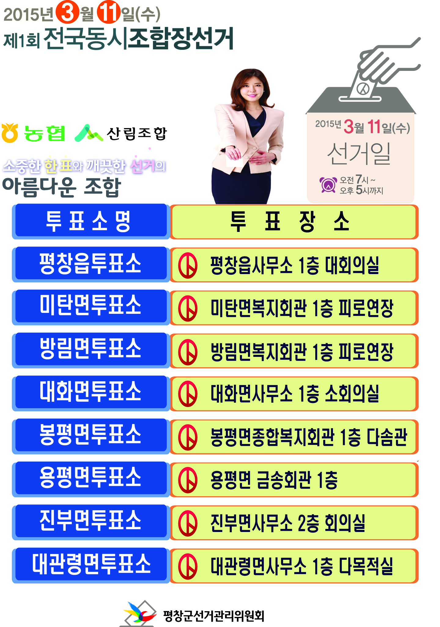 <b><font color=blue>제1회 전국동시조합장선거 평창군 투표소안내