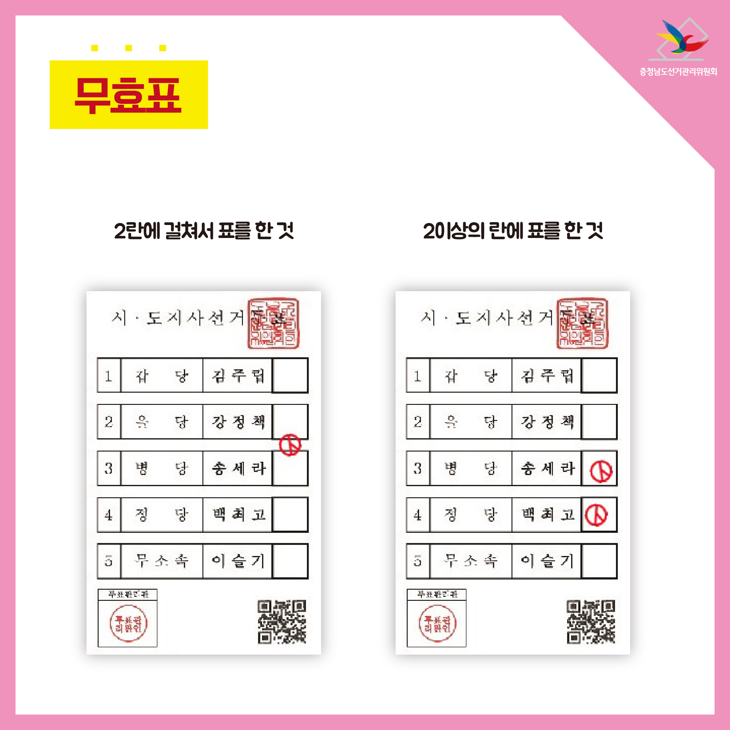 무효표 예시 : 2란에 걸쳐서 표를 한 것, 2이상의 란에 표를 한 것 