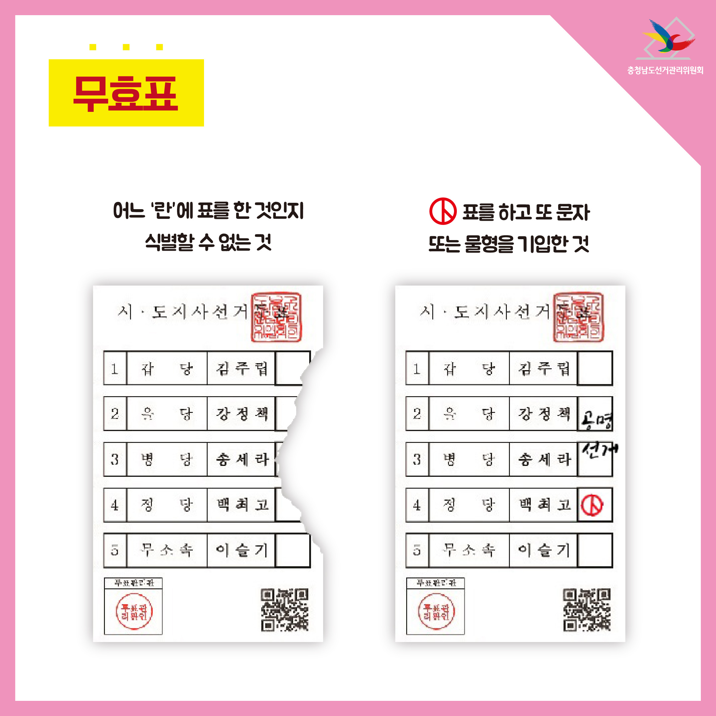 무효표 예시 : 어느 란에 표를 한 것인지 식별할 수 없는 것, 기표마크를 하고 또 문자 또는 물형을 기입한 것 