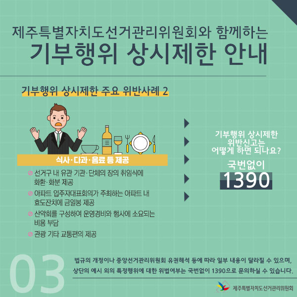 기부행위 상시제한 주요 위반사례 2 - 식사·다과·음료 등 제공, 선거구 내 유관기관 및 단체의 장의 취임식에 화환·화분 제공, 아파트 입주자대표회의가 주최하는 아파트 내 효도잔치에 금일봉 제공, 산악회를 구성하여 운영경비와 행사에 소요되는 비용부담, 관광 기타 교통편의 제공