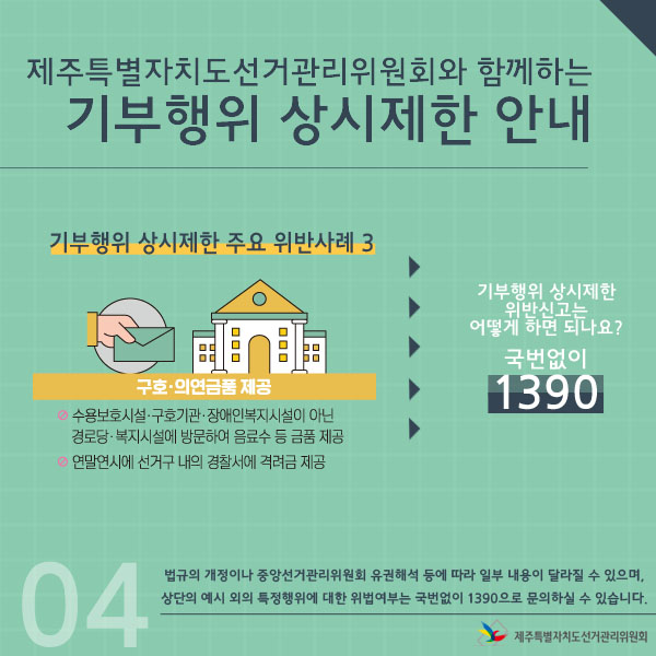 기부행위 상시제한 주요 위반사례3 - 구호·의연금품 제공, 수용보호시설·구호기관·장애인복지시설이 아닌 경로당·복지시설에 방문하여 음료수 등 금품 제공, 연말연시에 선거구 내의 경찰서에 격려금 제공