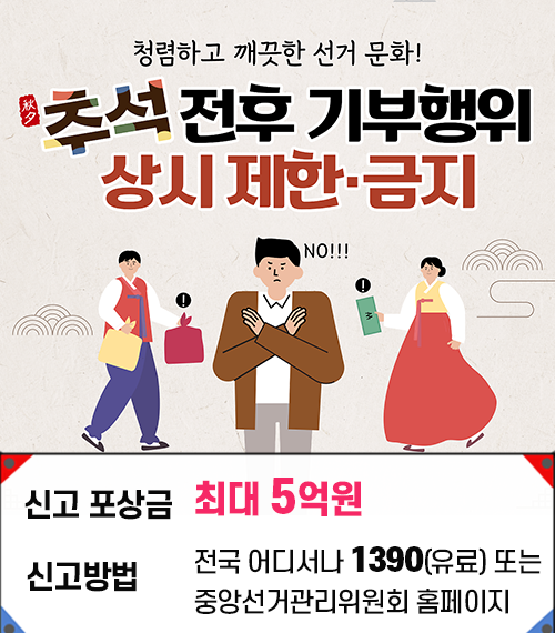 청렴하고 깨끗한 선거 문화! 추석 전후 기부행위 상시 제한·금지 신고포상금 최고 5억원 신고방법 전국어디서나 국번없이 1390 또는 중앙선거관리위원회 홈페이지